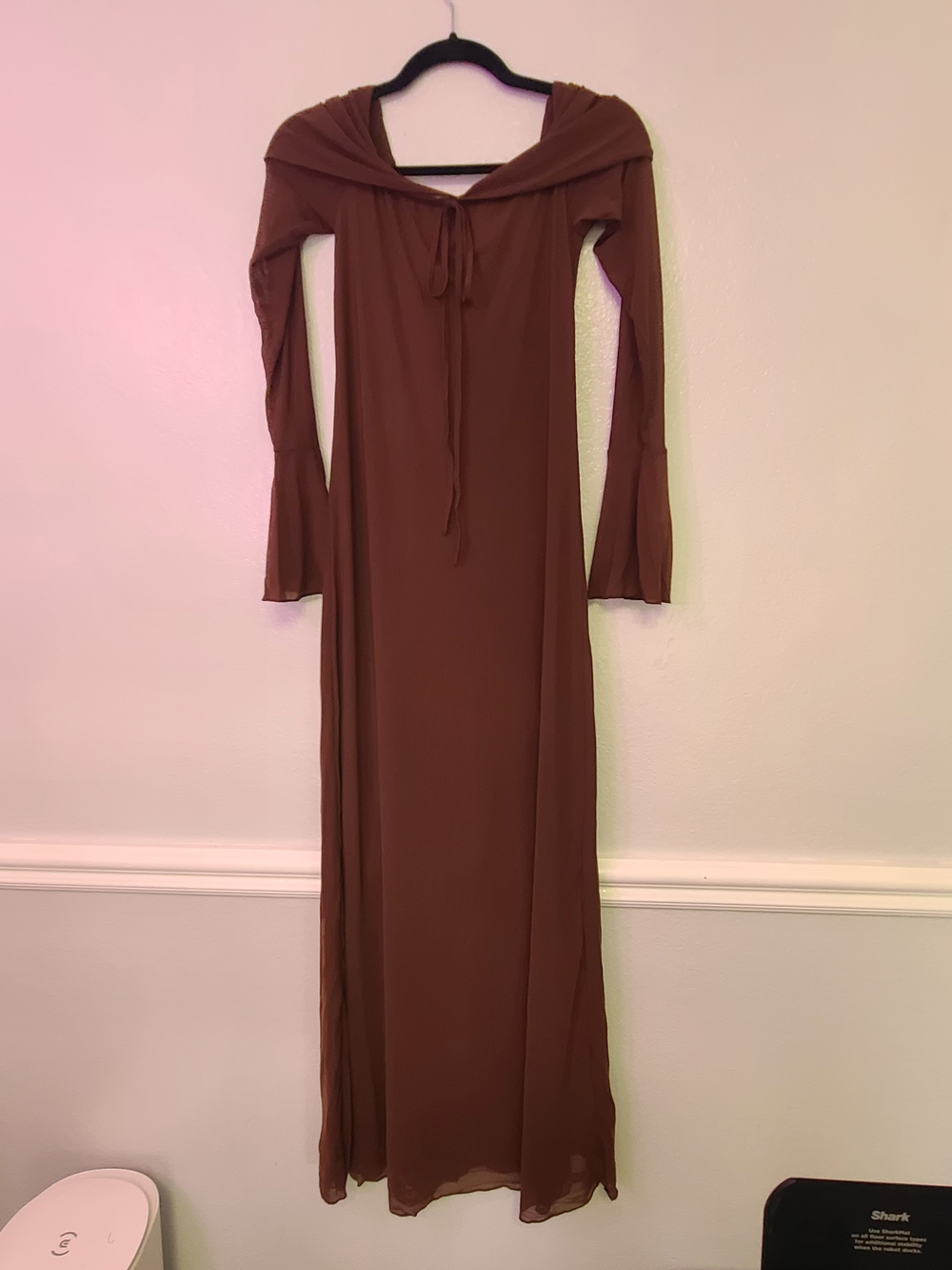 Long-Sleeve Off The Shoulder Brown Maxi Dress with Tie Neck